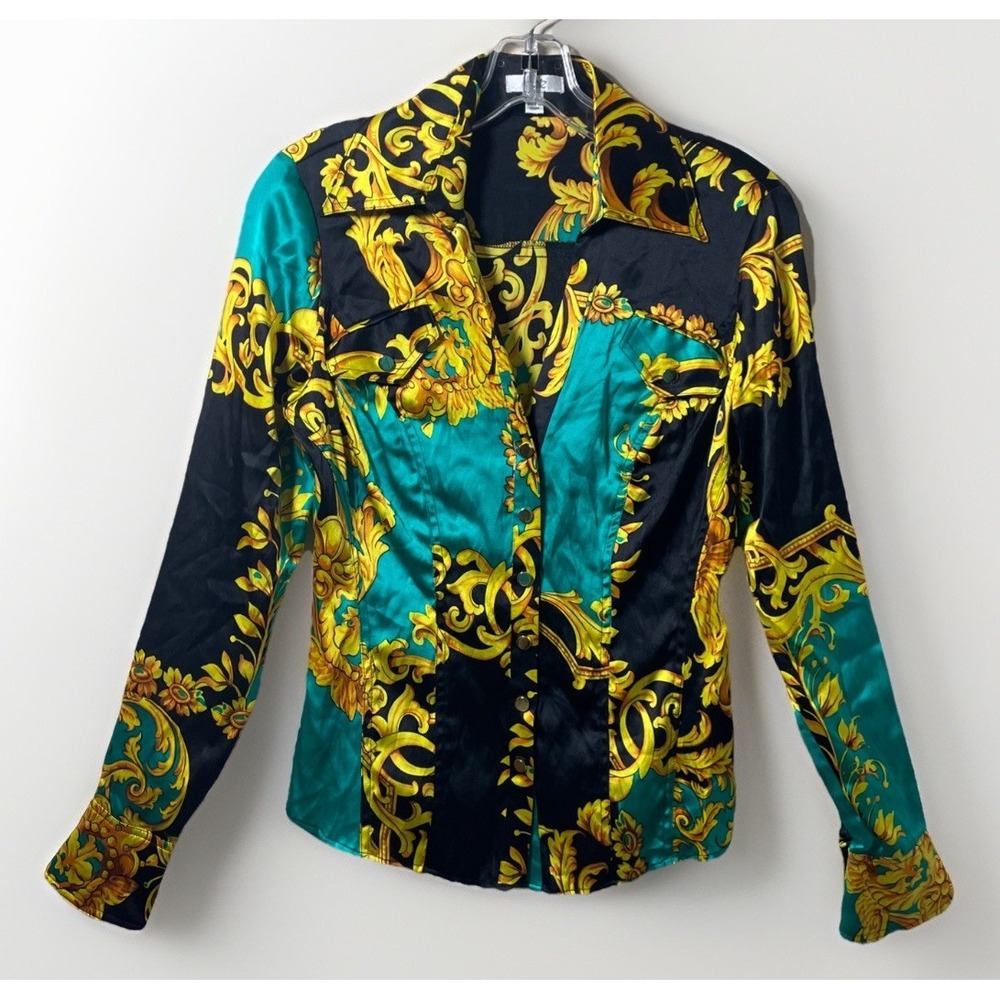 CACHE SILK GOLD BAROQUE  PRINT , BUTTON UP COLLARED SHIRT BLOUSE Women's Size XS